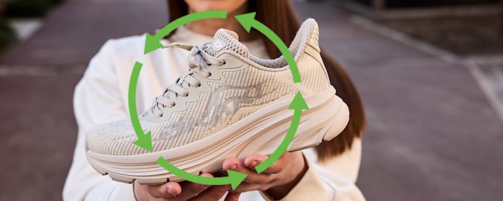 Lys beige joggesko holdt av en person med hvit genser, med grønne piler som danner en sirkel rundt skoen som symboliserer resirkulering.
